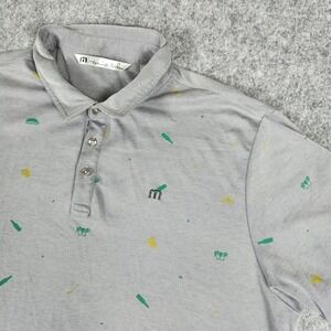 Travis Mathew Polo Shirt Men 2XL XXL Gray Golf Cart Hot Dog BBQ AOP Stretch READ